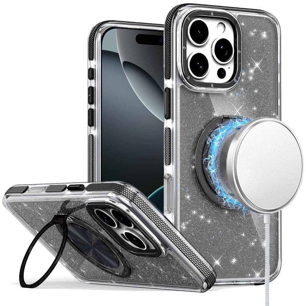 for iphone 16 pro 6.3 inch glitz hq shimmer glitter [magnetic ring circle] with 360 degree rotational ring kickstand tough hybrid case black