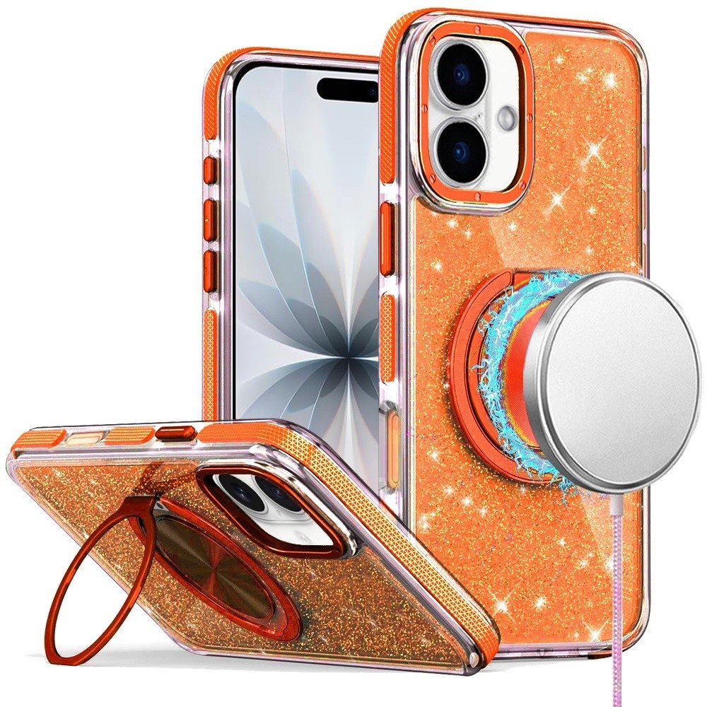 for iphone 17 glitz hq shimmer glitter [magnetic ring circle] with 360 degree rotational ring kickstand tough hybrid case cosmic orange