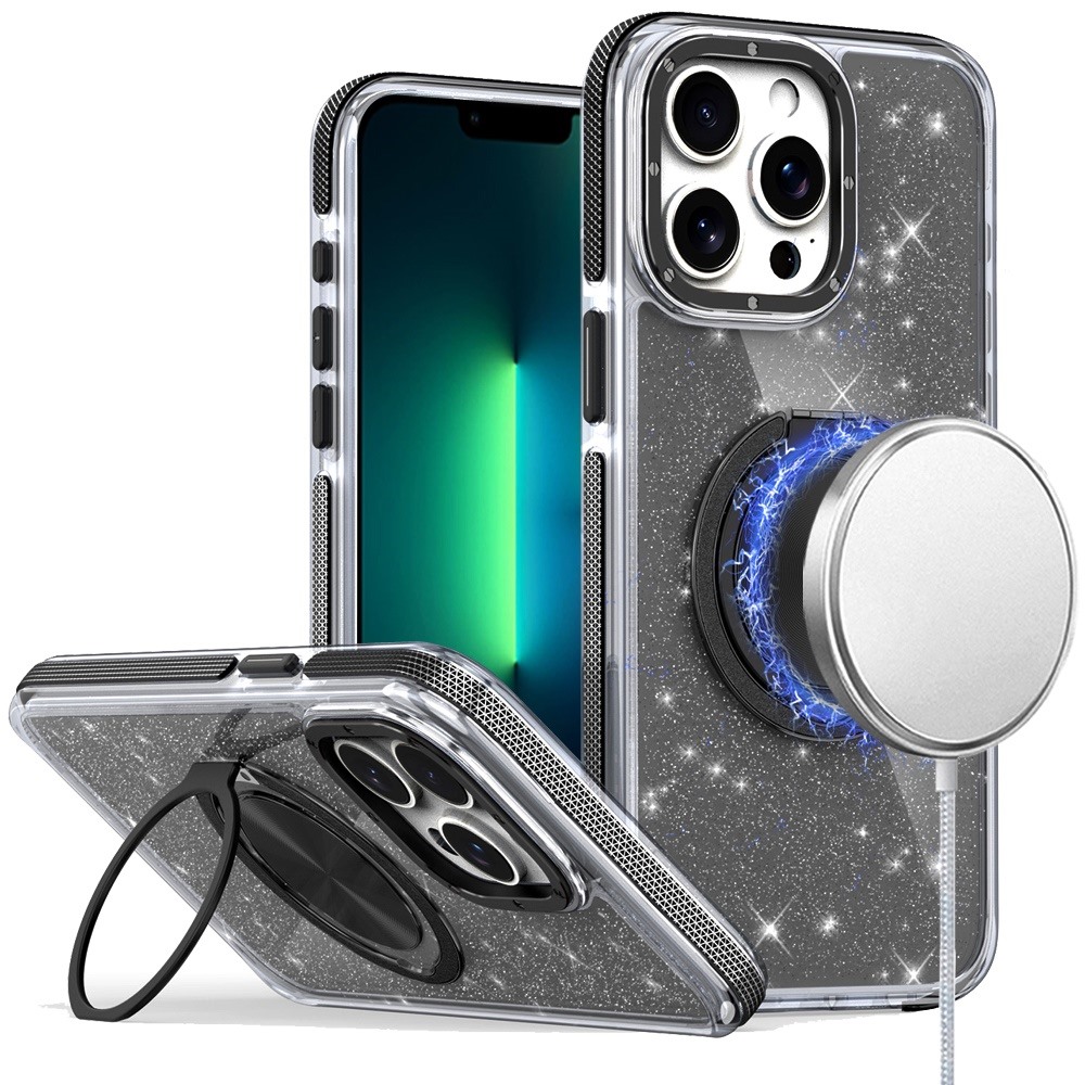 for iphone 13 pro max glitz hq shimmer glitter [magnetic ring circle] with 360 degree rotational ring kickstand tough hybrid case black