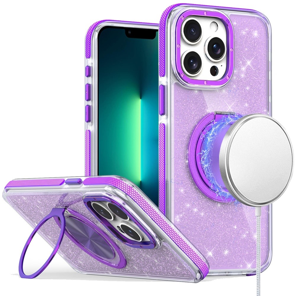 for iphone 13 pro max glitz hq shimmer glitter [magnetic ring circle] with 360 degree rotational ring kickstand tough hybrid case purple