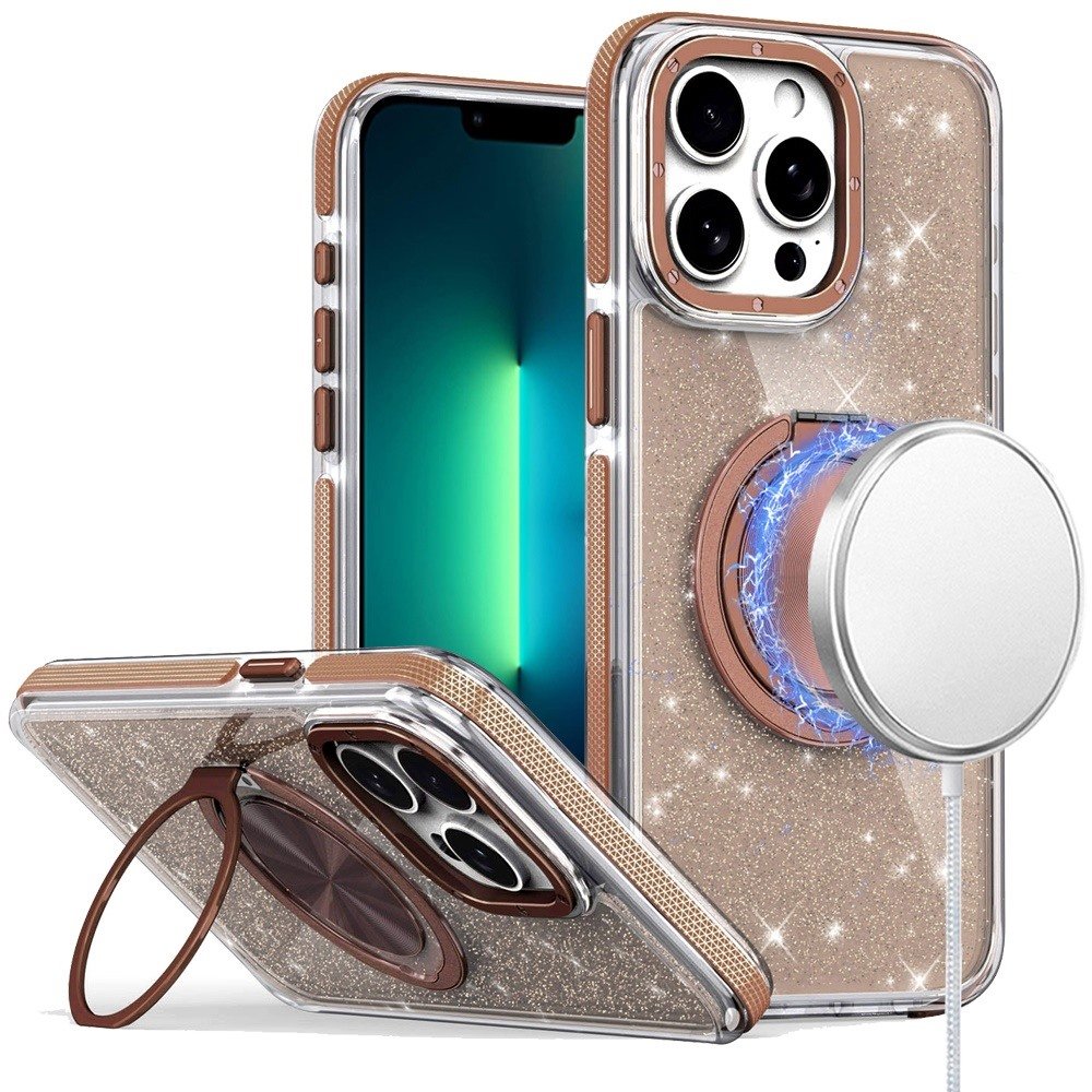 for iphone 13 pro glitz hq shimmer glitter [magnetic ring circle] with 360 degree rotational ring kickstand tough hybrid case gold