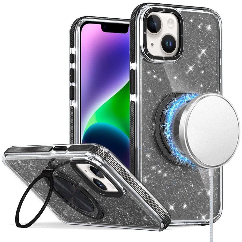 for iphone 14/13 glitz hq shimmer glitter [magnetic ring circle] with 360 degree rotational ring kickstand tough hybrid case black