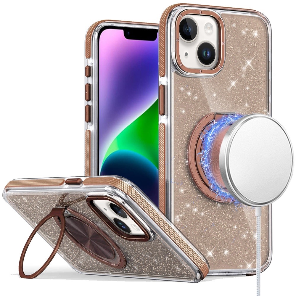 for iphone 14/13 glitz hq shimmer glitter [magnetic ring circle] with 360 degree rotational ring kickstand tough hybrid case gold