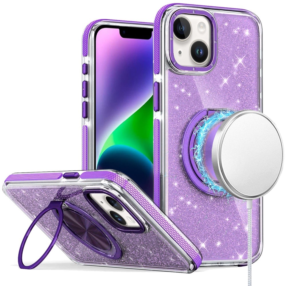 for iphone 14/13 glitz hq shimmer glitter [magnetic ring circle] with 360 degree rotational ring kickstand tough hybrid case purple