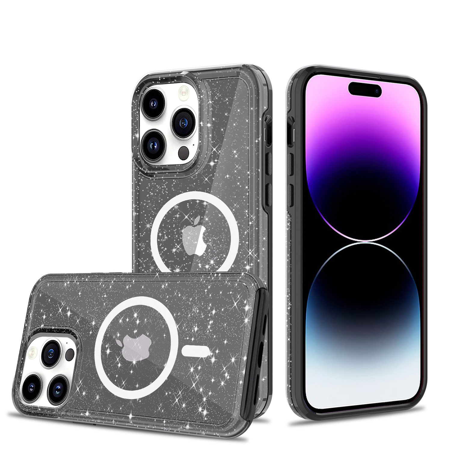 for iphone 14 pro max 6.7" transparent glitter [magnetic circle] shockproof tough 2.0mm thick hybrid black