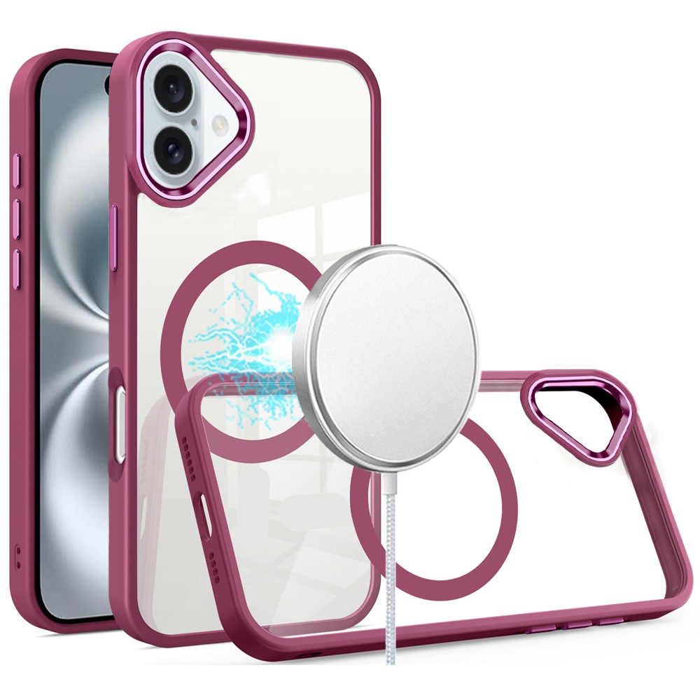 for iphone 16 6.1 inch greatest clear acrylic thick metal button hybrid burgundy