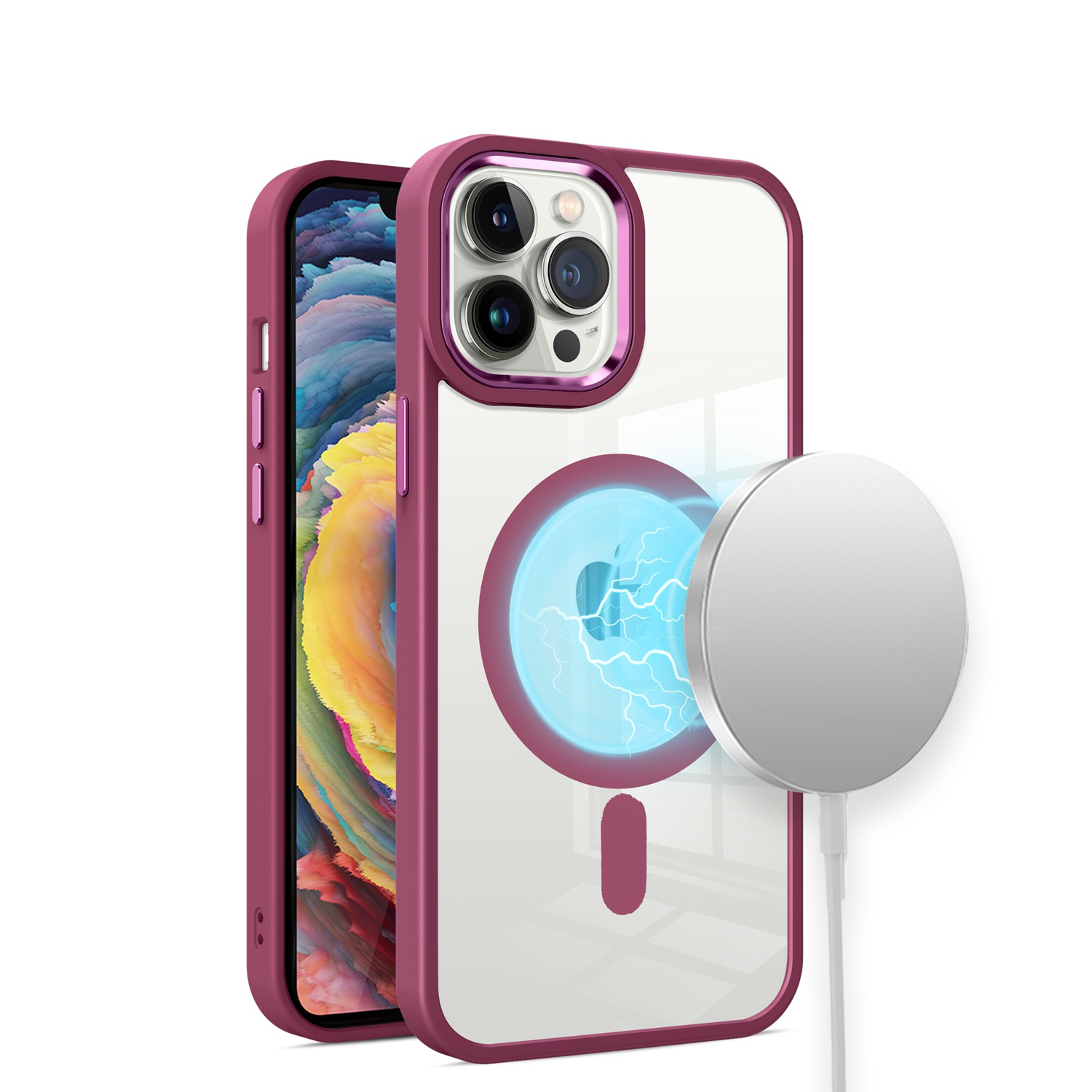for iphone 13 pro max greatest clear acrylic [magnetic circle] shockproof toughthick metal button hybrid burgundy