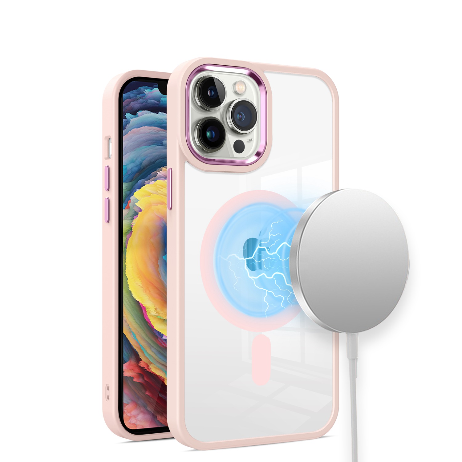 for iphone 13/14 greatest clear acrylic [magnetic circle] shockproof toughthick metal button hybrid light pink