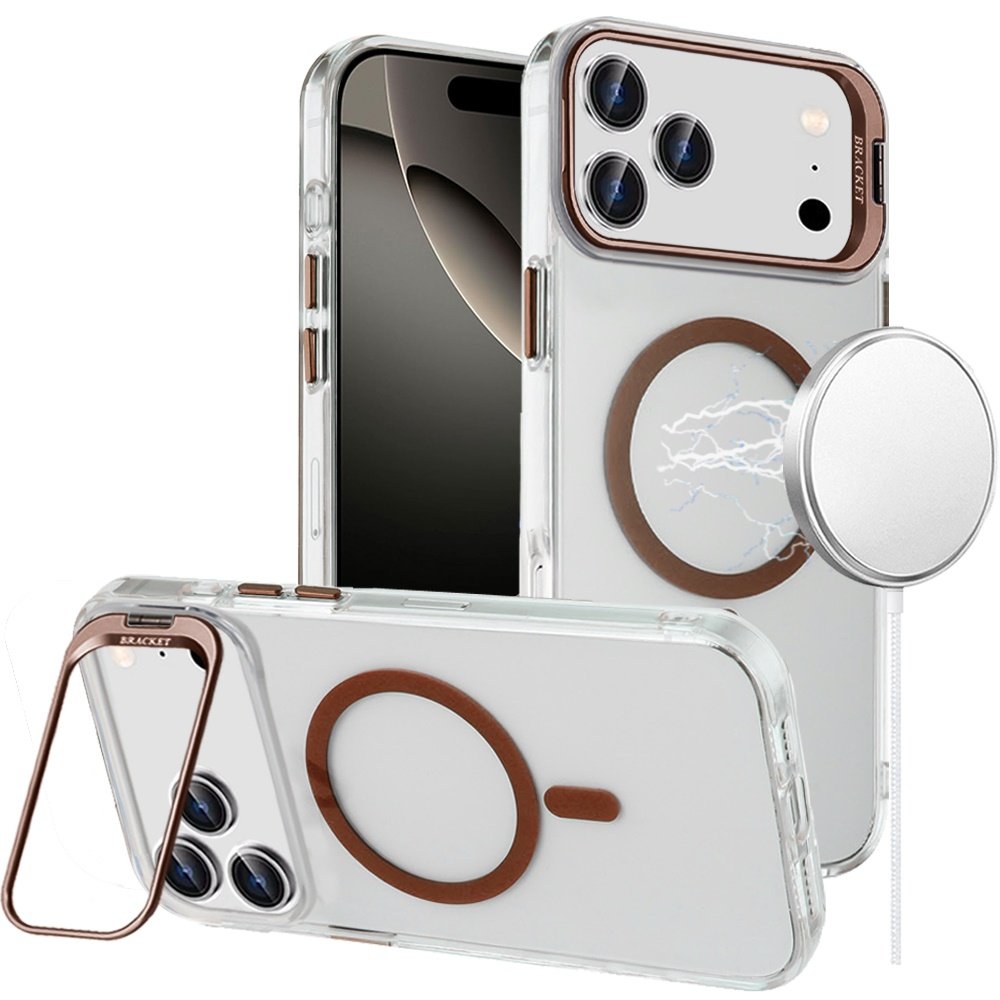 for iphone 17 pro max transparent hq hybrid with metallic camera stand magnetic ring case desert gold