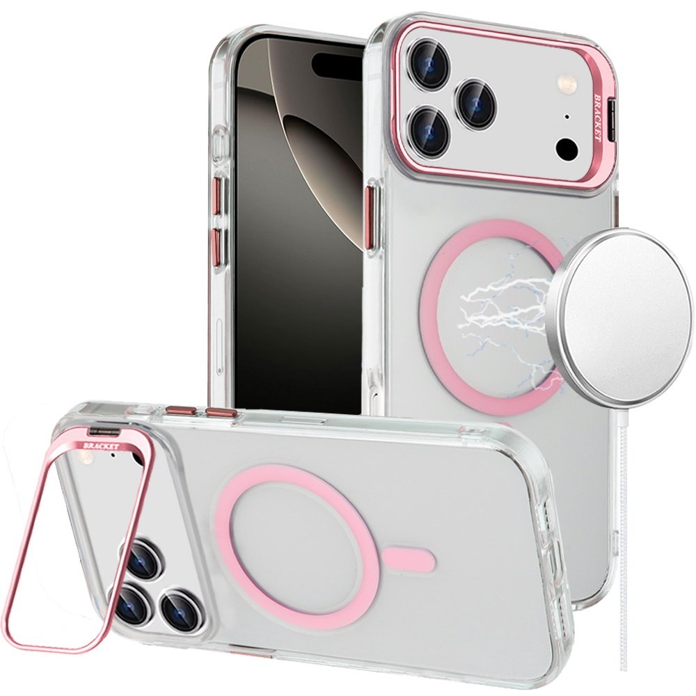 for iphone 17 pro max transparent hq hybrid with metallic camera stand magnetic ring case pink