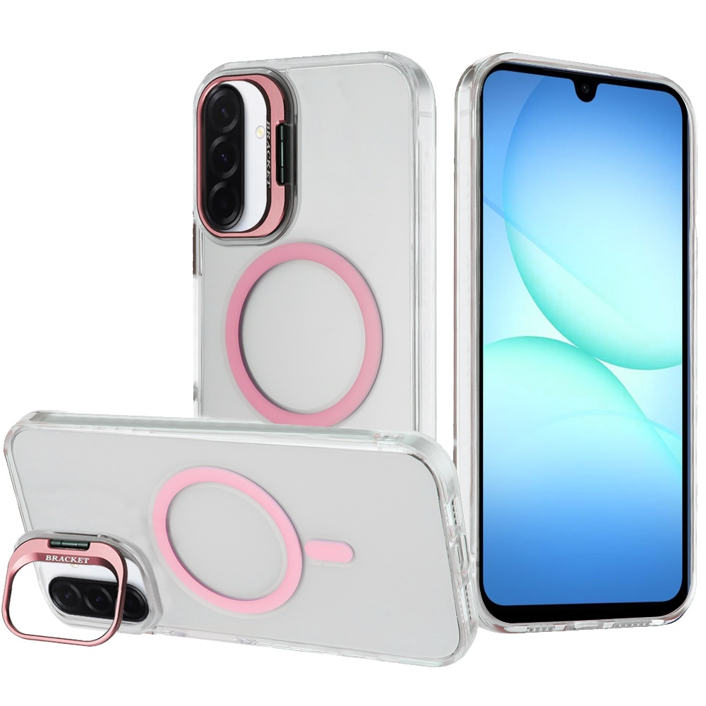 for samsung a17 5g transparent hq hybrid with metallic camera stand magnetic ring case pink
