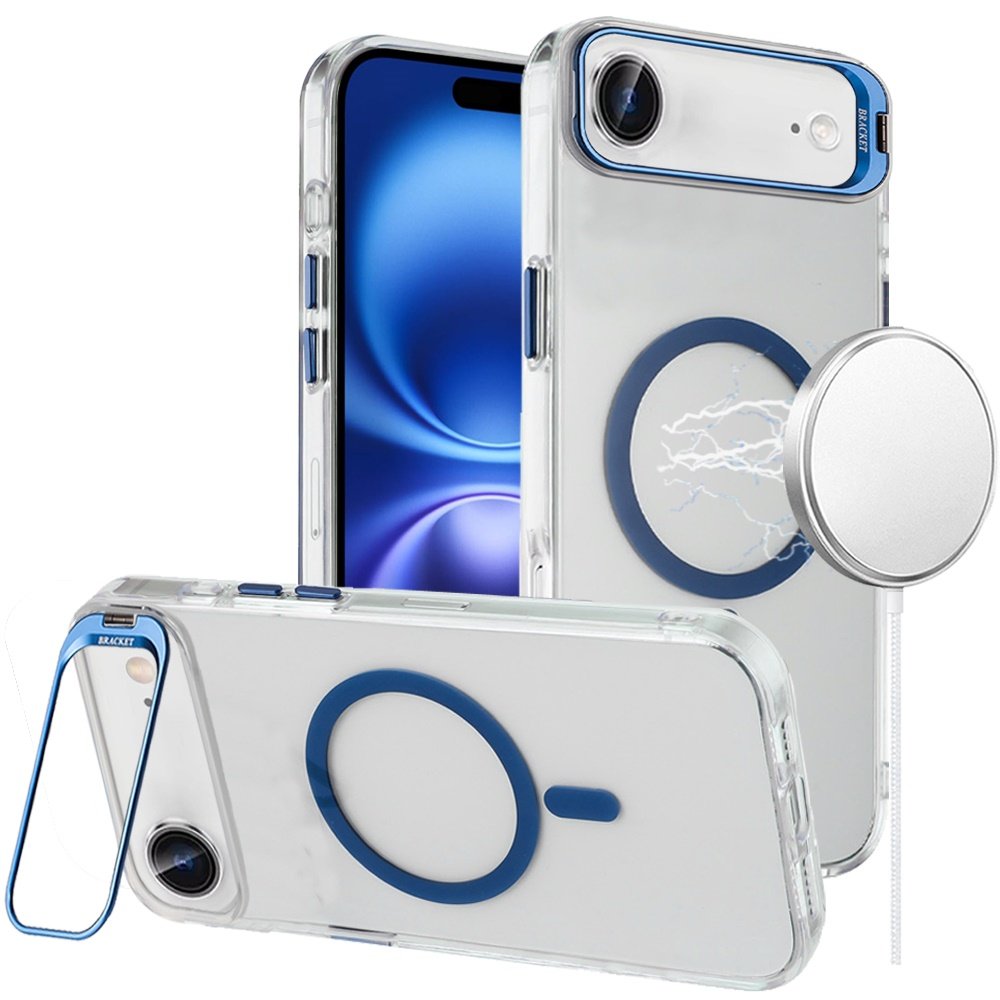 for iphone 17 air transparent hq hybrid with metallic camera stand magnetic ring case dark blue