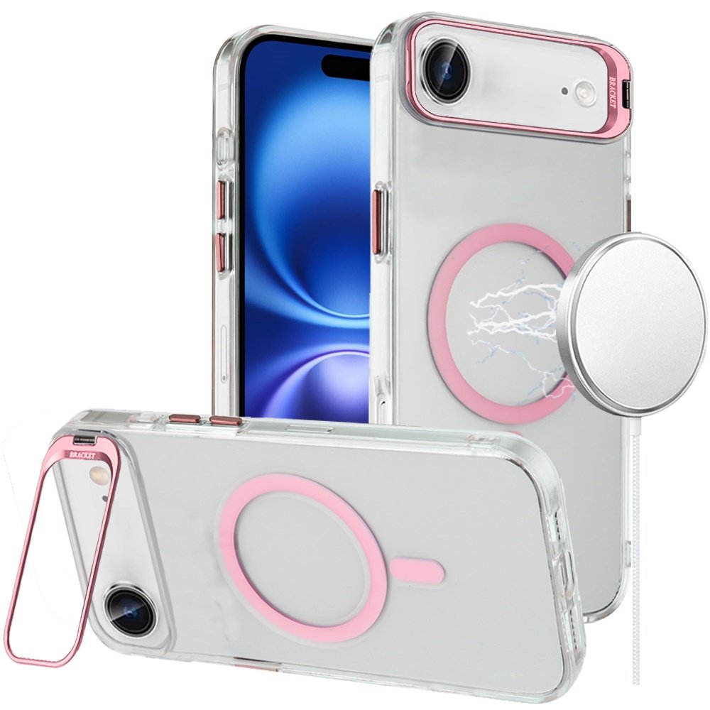 for iphone 17 air transparent hq hybrid with metallic camera stand magnetic ring case pink