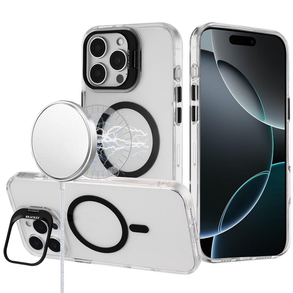 for iphone 16 pro max 6.9 transparent hq hybrid with metallic camera stand magnetic ring case black