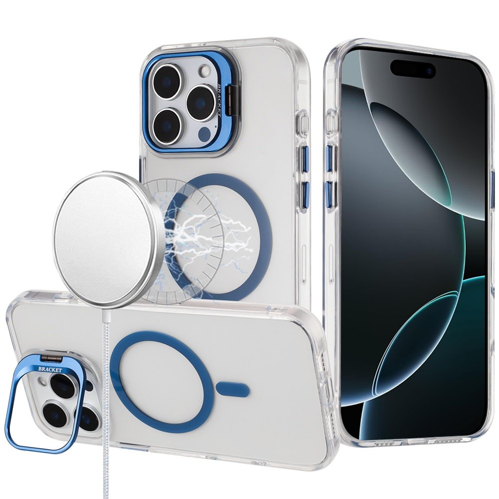 for iphone 16 pro max 6.9 transparent hq hybrid with metallic camera stand magnetic ring case dark blue