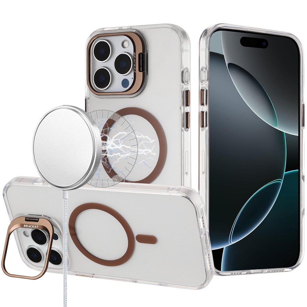 for iphone 16 pro max 6.9 transparent hq hybrid with metallic camera stand magnetic ring case desert gold