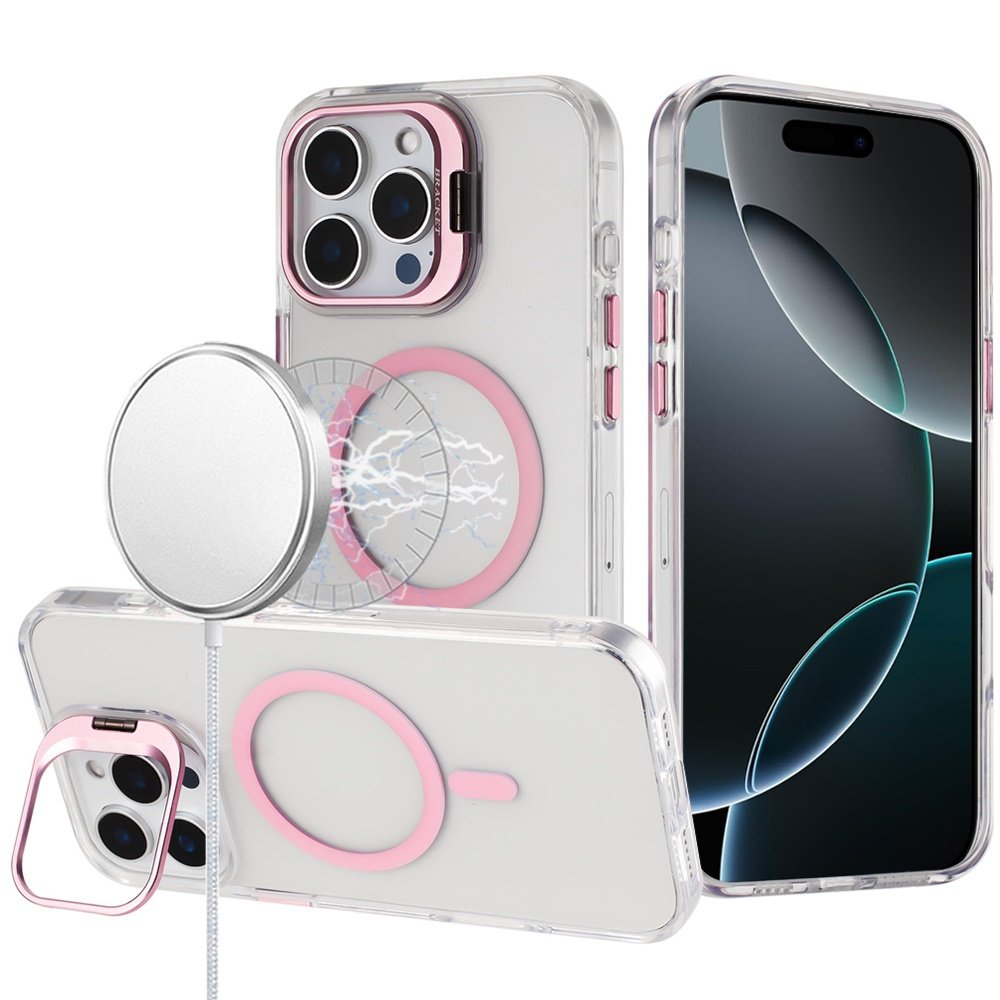 for iphone 16 pro max 6.9 transparent hq hybrid with metallic camera stand magnetic ring case pink