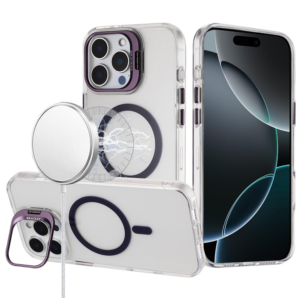 for iphone 16 pro max 6.9 transparent hq hybrid with metallic camera stand magnetic ring case dark purple