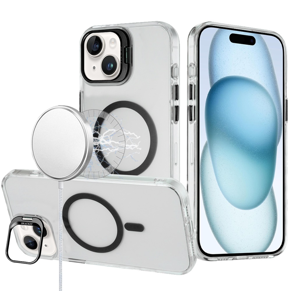 for iphone 15 transparent hq hybrid with metallic camera stand magnetic ring case black