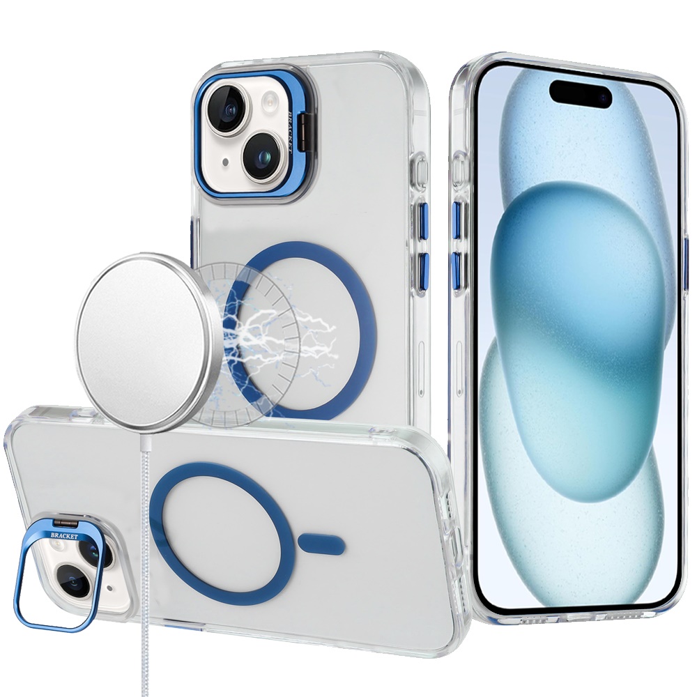 for iphone 15 transparent hq hybrid with metallic camera stand magnetic ring case dark blue