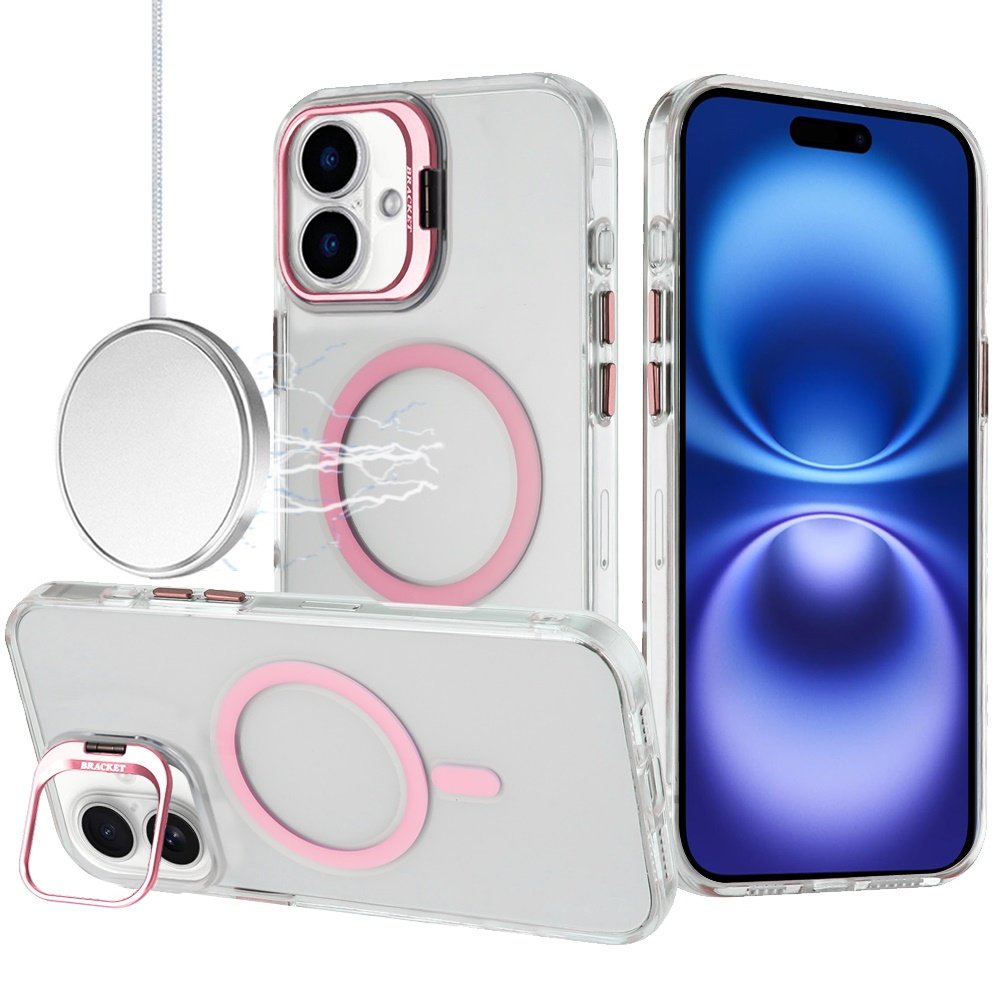 for iphone 17 transparent hq hybrid with metallic camera stand magnetic ring case pink