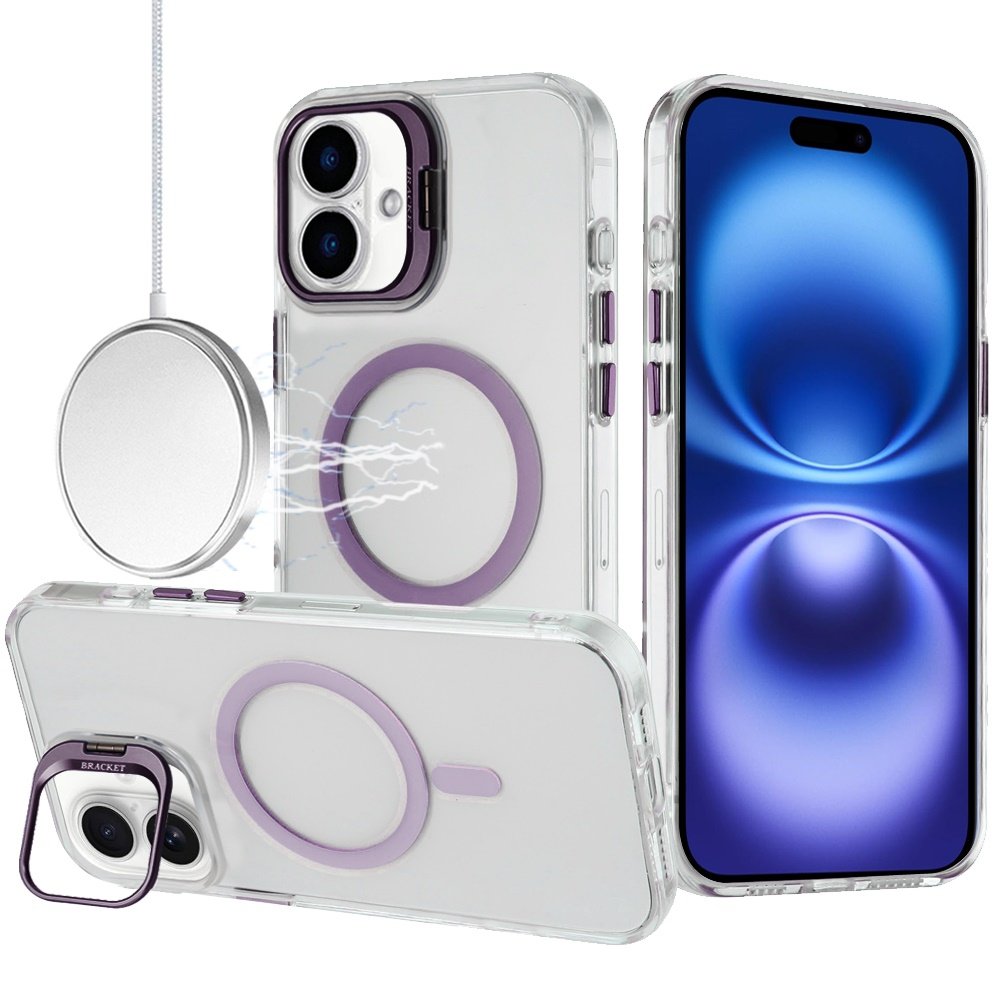 for iphone 17 transparent hq hybrid with metallic camera stand magnetic ring case dark purple