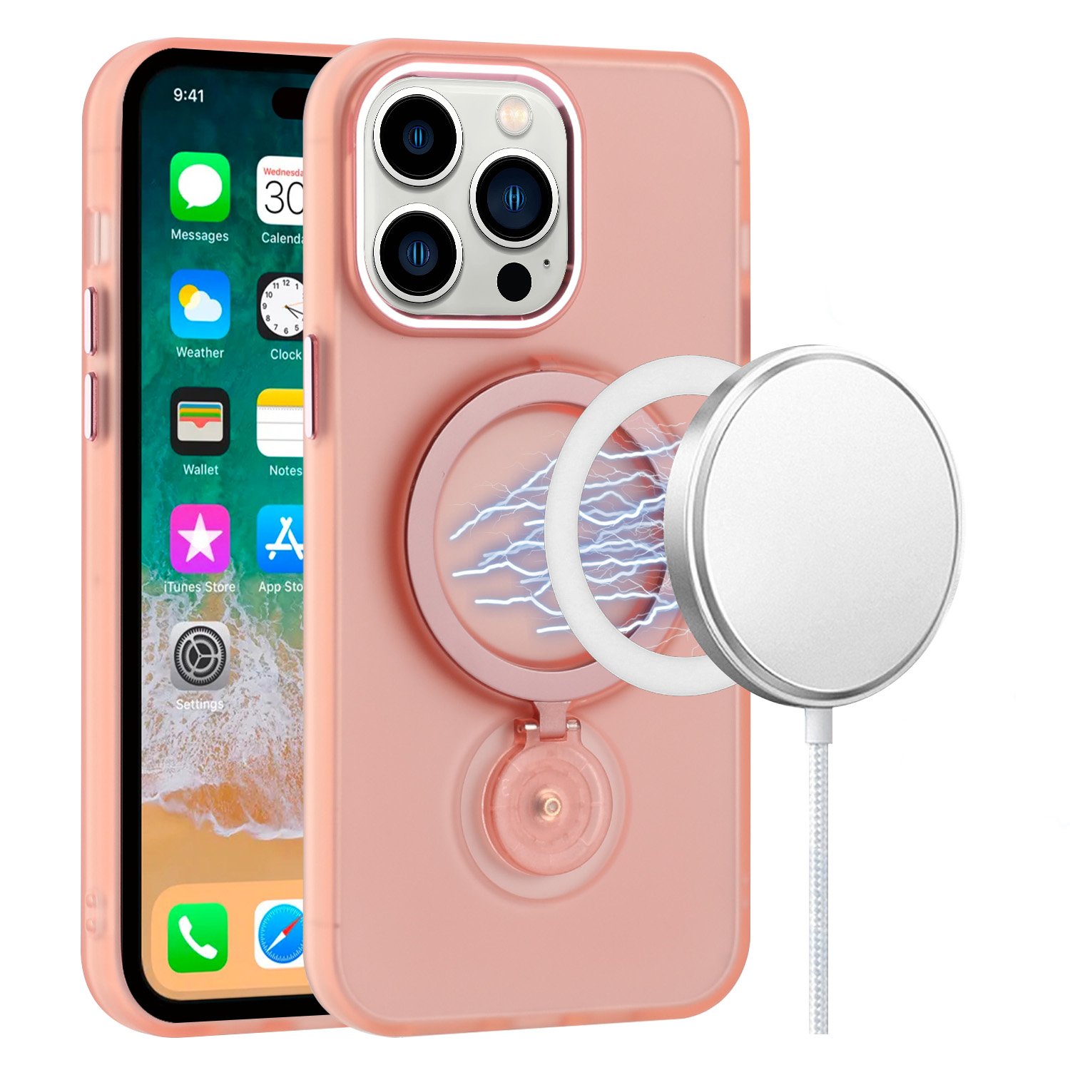 for ip15 pro max hoop kickstand [magnetic circle] hd transparent chrome hybrid pink