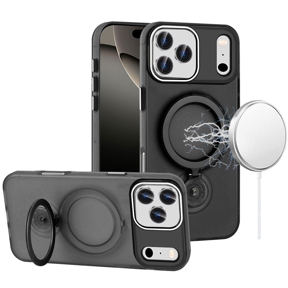 for iphone 17 pro max hoop kickstand [magnetic circle] hd transparent chrome hybrid black