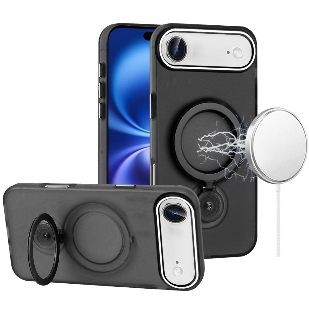 for iphone 17 air hoop kickstand [magnetic circle] hd transparent chrome hybrid black