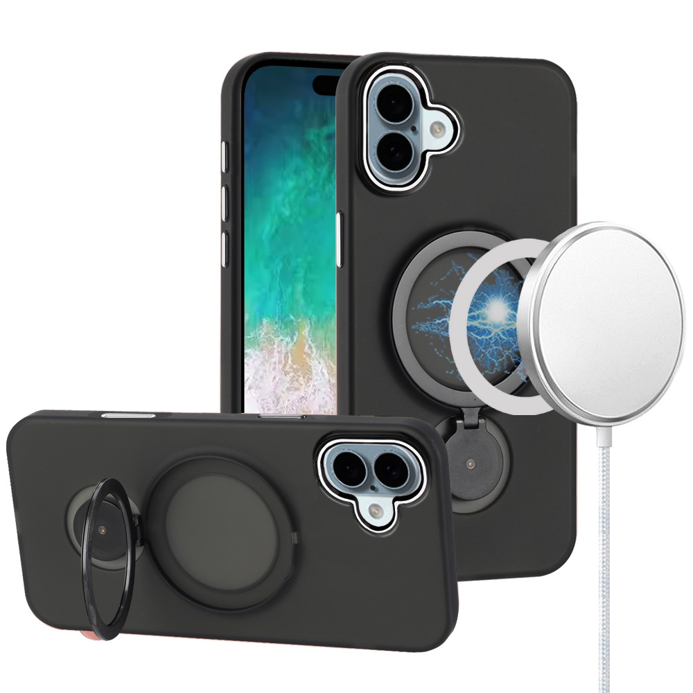 for iphone 16 plus 6.7 inch hoop kickstand [magnetic circle] hd transparent chrome hybrid black