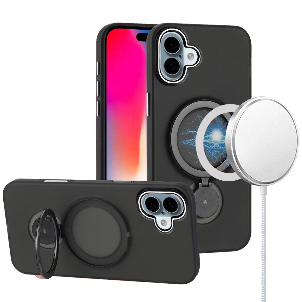 for iphone 16 6.1 inch hoop kickstand [magnetic circle] hd transparent chrome hybrid black