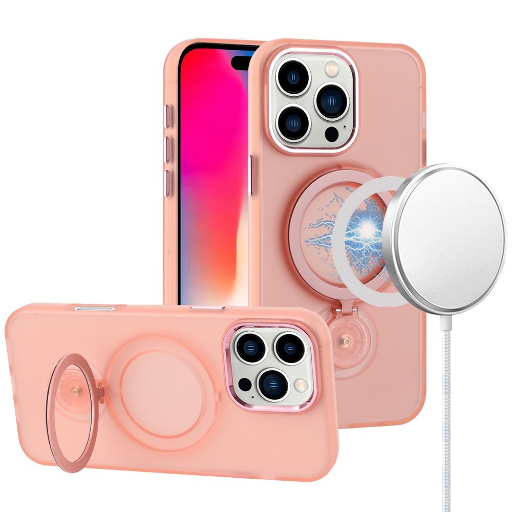 for iphone 16 pro 6.3 inch hoop kickstand [magnetic circle] hd transparent chrome hybrid pink