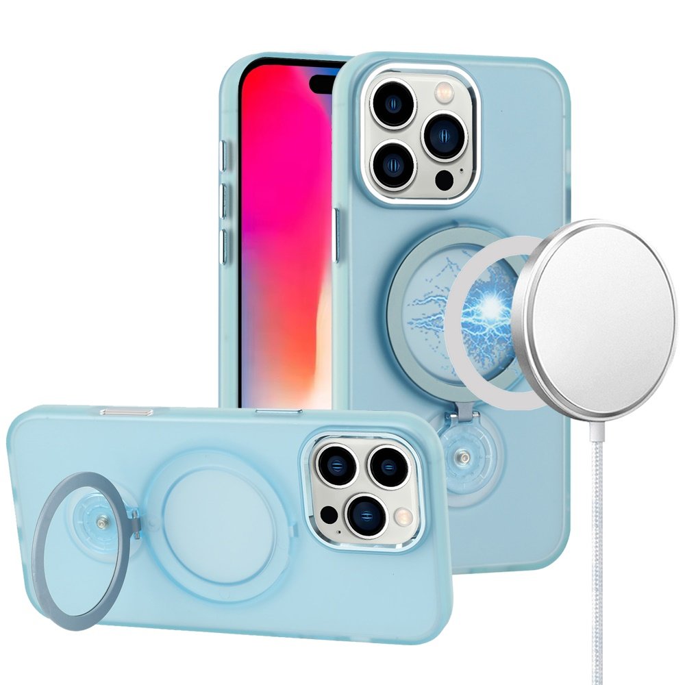 for iphone 16 pro 6.3 inch hoop kickstand [magnetic circle] hd transparent chrome hybrid sky blue