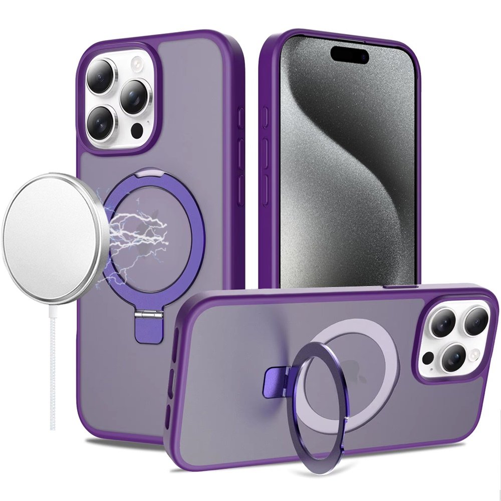 for ip15 pro max magnetic matching ring stand full rotation matte hybrid dark purple