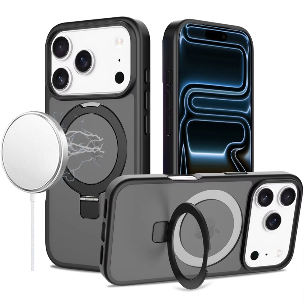 for iphone 17 pro max magnetic matching ring stand full rotation matte hybrid black
