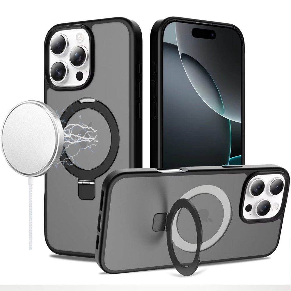 for iphone 16 pro max 6.9 magnetic matching ring stand full rotation matte hybrid black