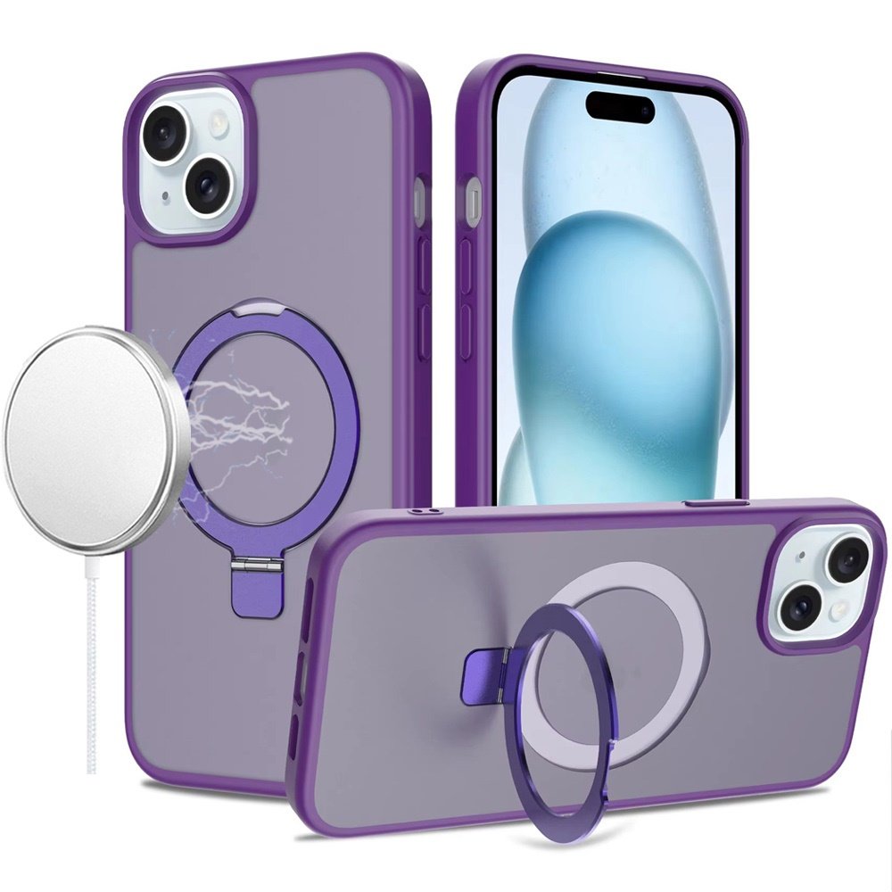 for iphone 15 plus/iphone 14 plus magnetic matching ring stand full rotation matte hybrid dark purple