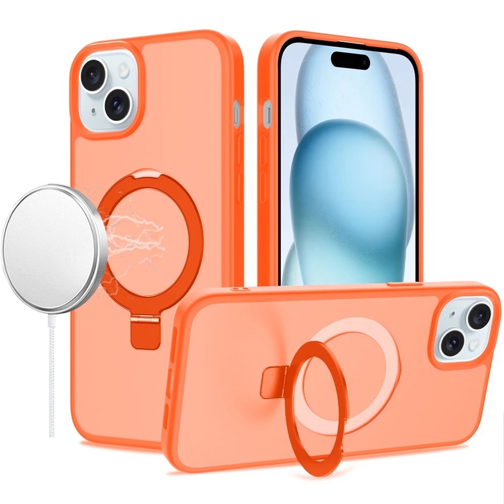 for iphone 15 magnetic matching ring stand full rotation matte hybrid cosmic orange