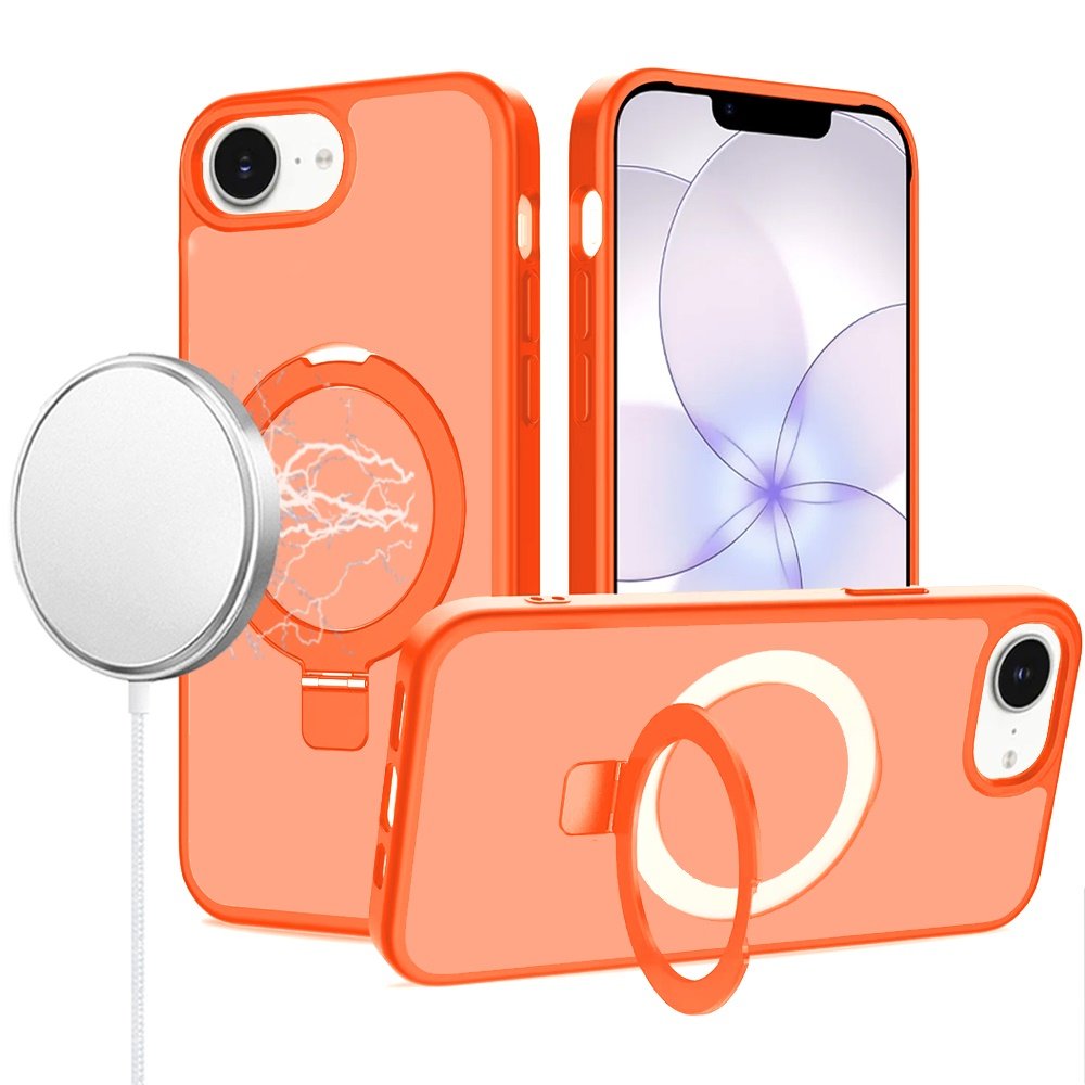 for iphone 16e (e edition) / se4 (2025) magnetic matching ring stand full rotation matte hybrid cosmic orange