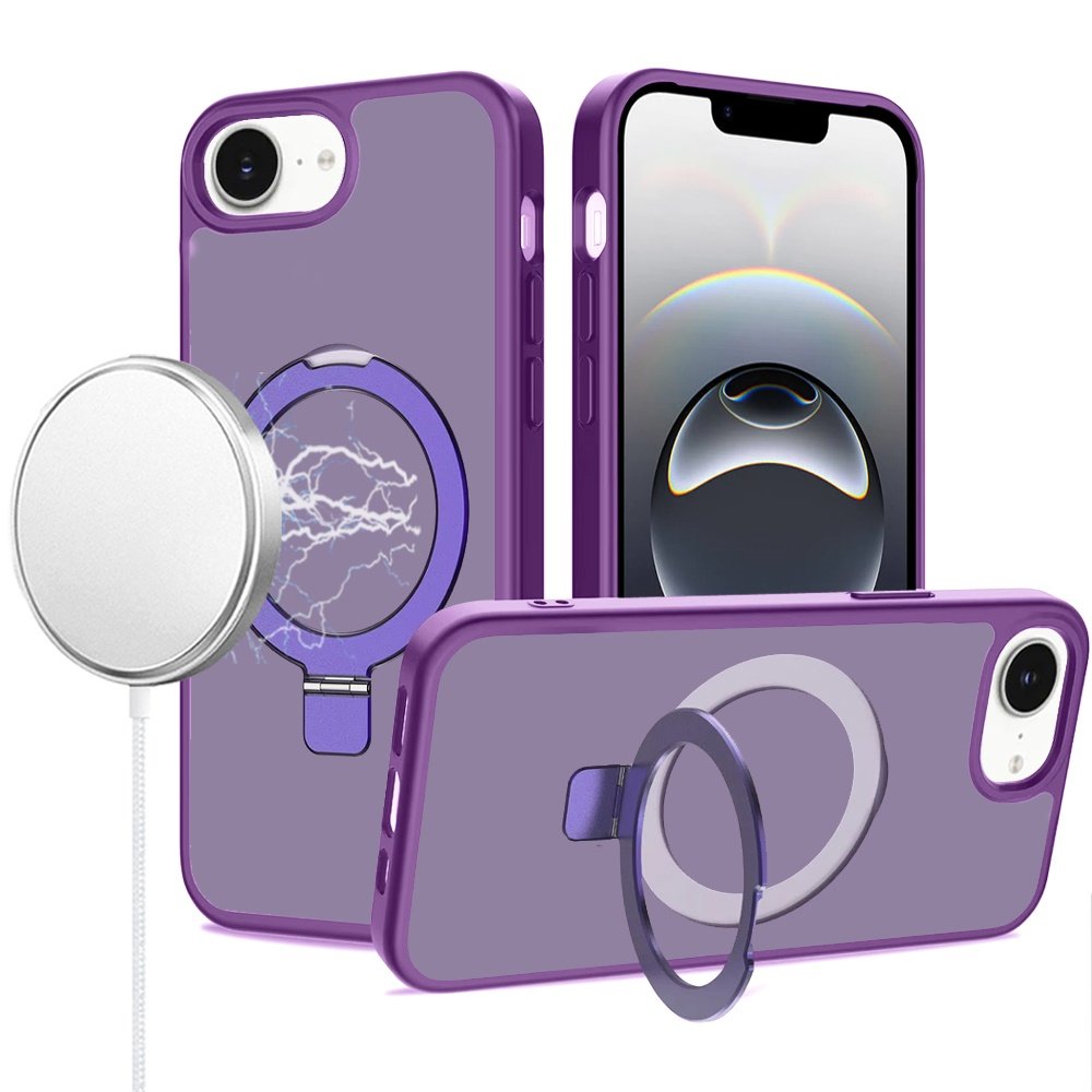 for iphone 17e / 16e / se4 magnetic matching ring stand full rotation matte hybrid dark purple