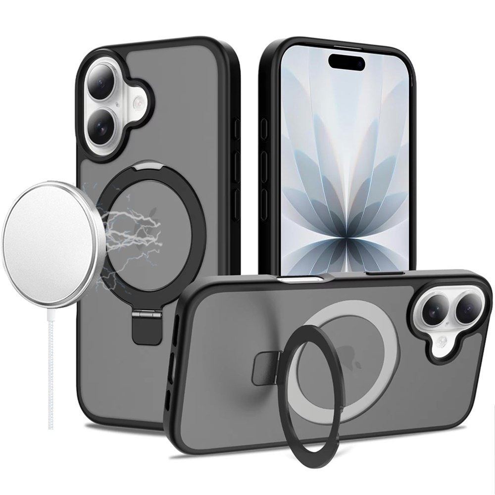 for iphone 17 magnetic matching ring stand full rotation matte hybrid black