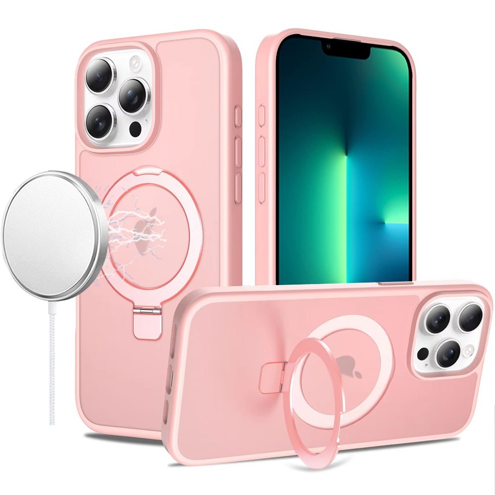 for iphone 13 pro magnetic matching ring stand full rotation matte hybrid light pink