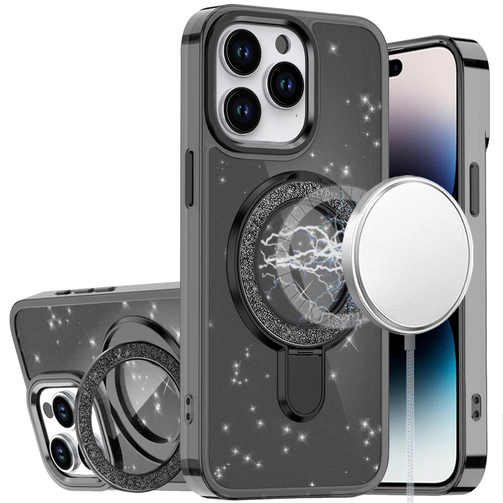 for iphone 14 pro max 6.7" transparent glitter rotaional magnetic ring stand hq hybrid black