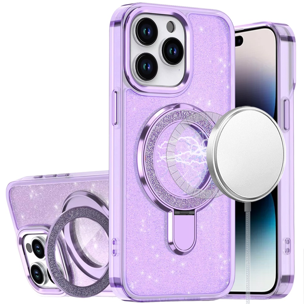 for iphone 14 pro max 6.7" transparent glitter rotaional magnetic ring stand hq hybrid light purple