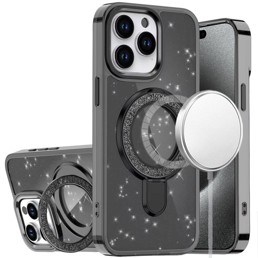 for ip15 pro max transparent glitter rotaional magnetic ring stand hq hybrid black