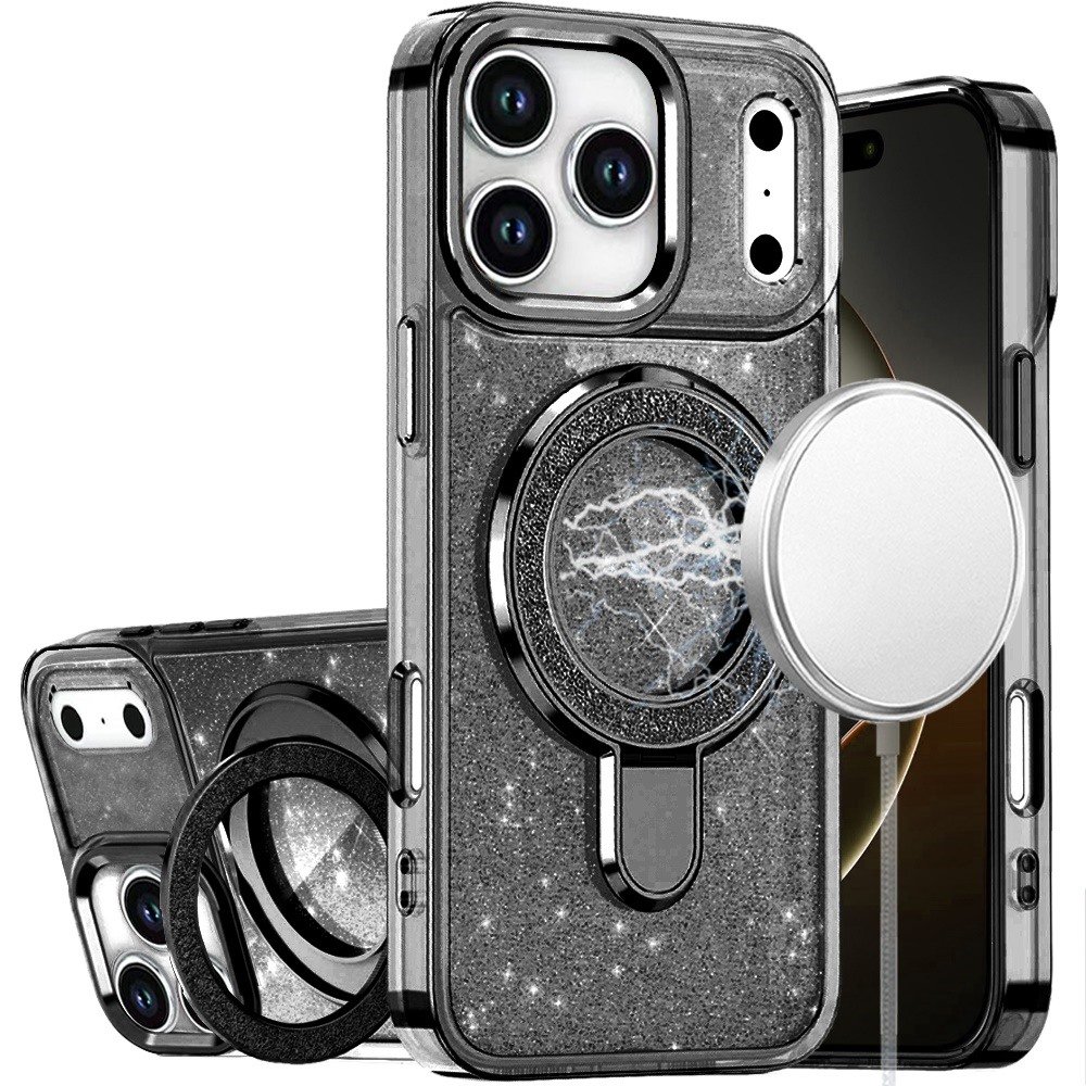 for iphone 17 pro max transparent glitter rotaional magnetic ring stand hq hybrid black