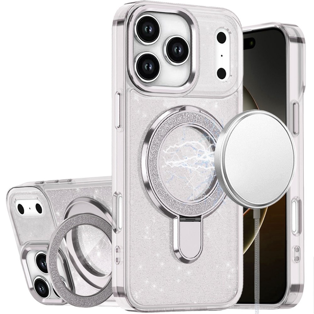 for iphone 17 pro transparent glitter rotaional magnetic ring stand hq hybrid clear