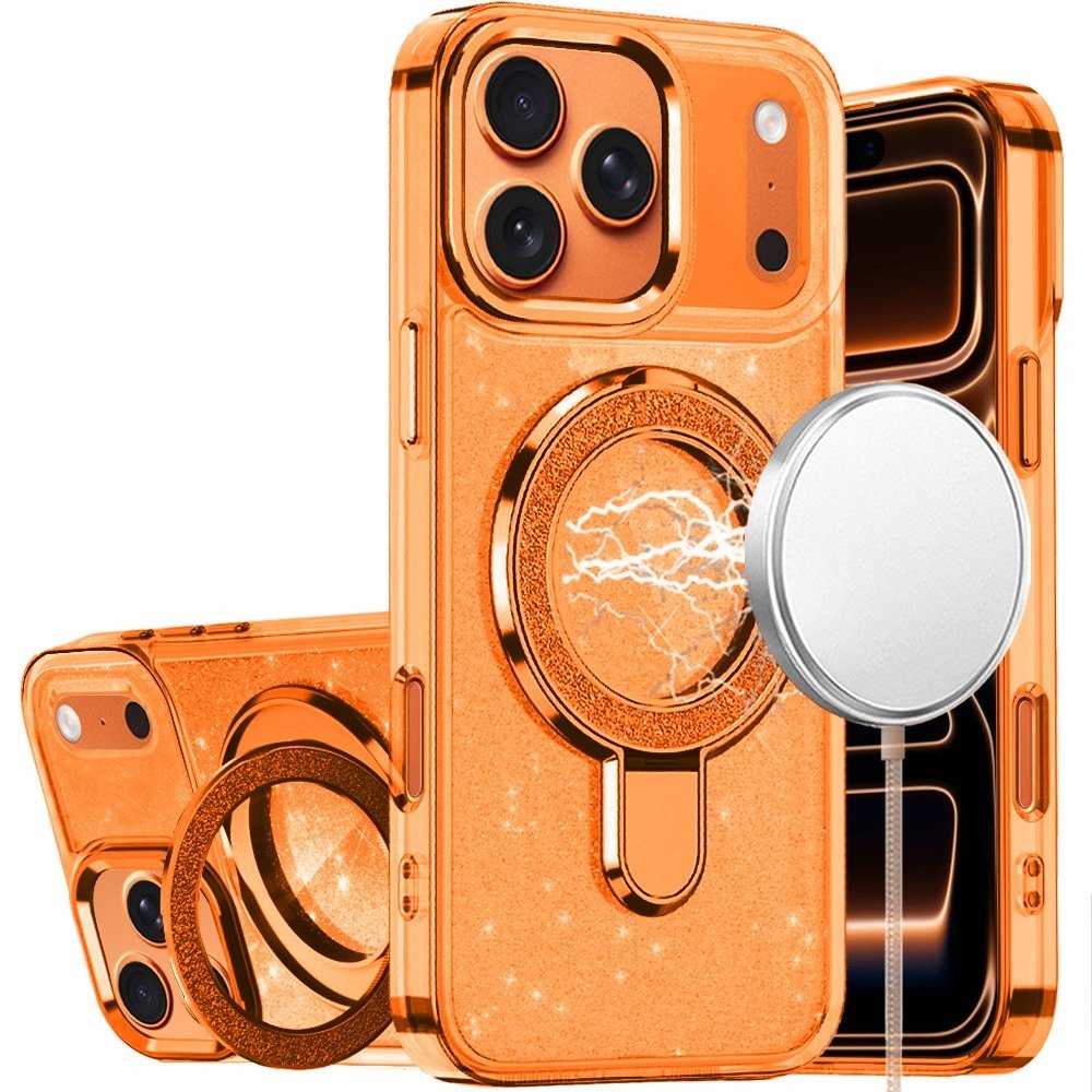 for iphone 17 pro transparent glitter rotaional magnetic ring stand hq hybrid cosmic orange