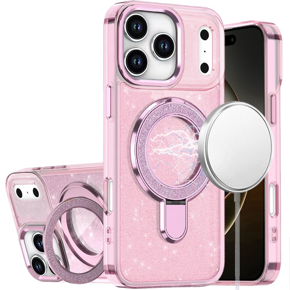for iphone 17 pro transparent glitter rotaional magnetic ring stand hq hybrid light pink