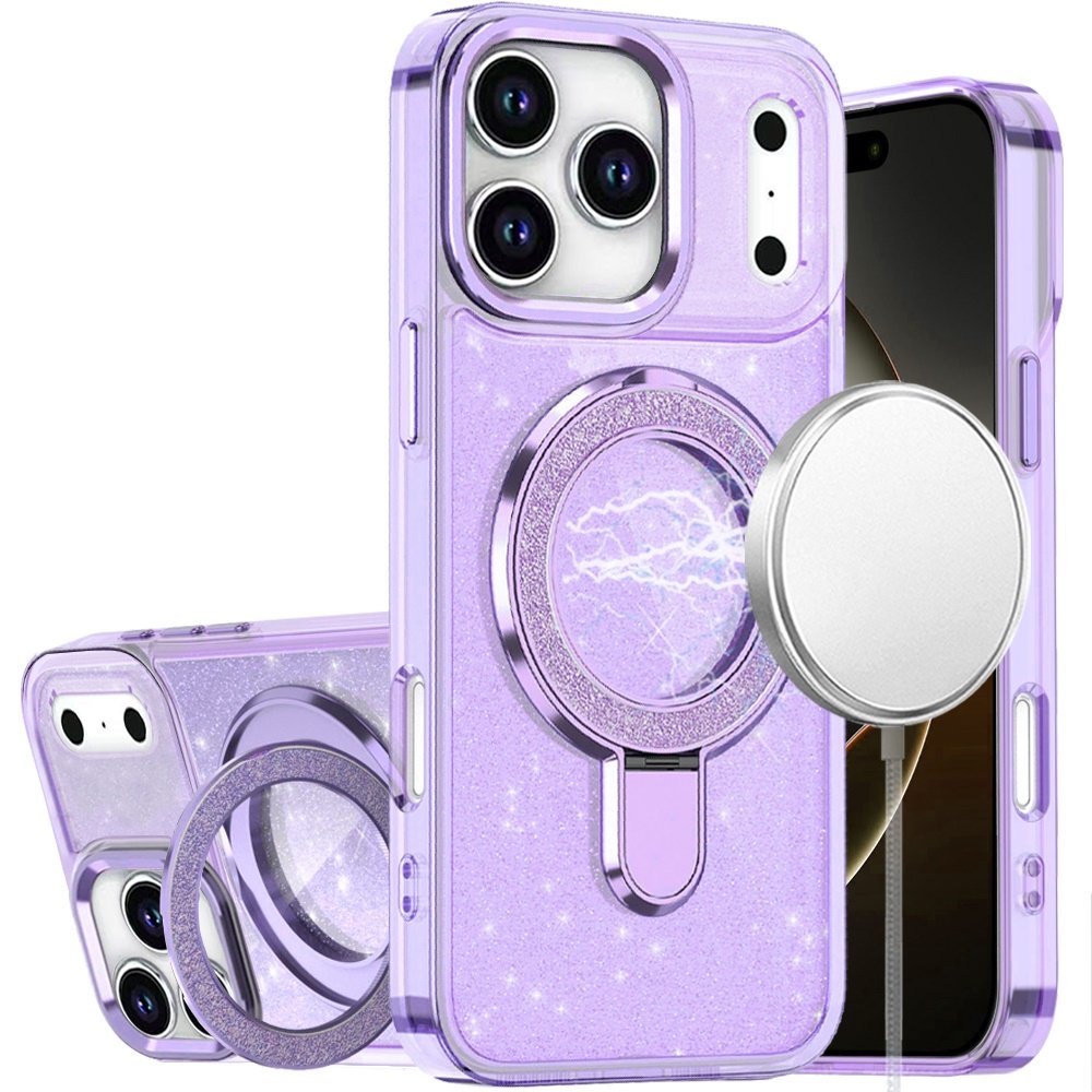 for iphone 17 pro transparent glitter rotaional magnetic ring stand hq hybrid light purple